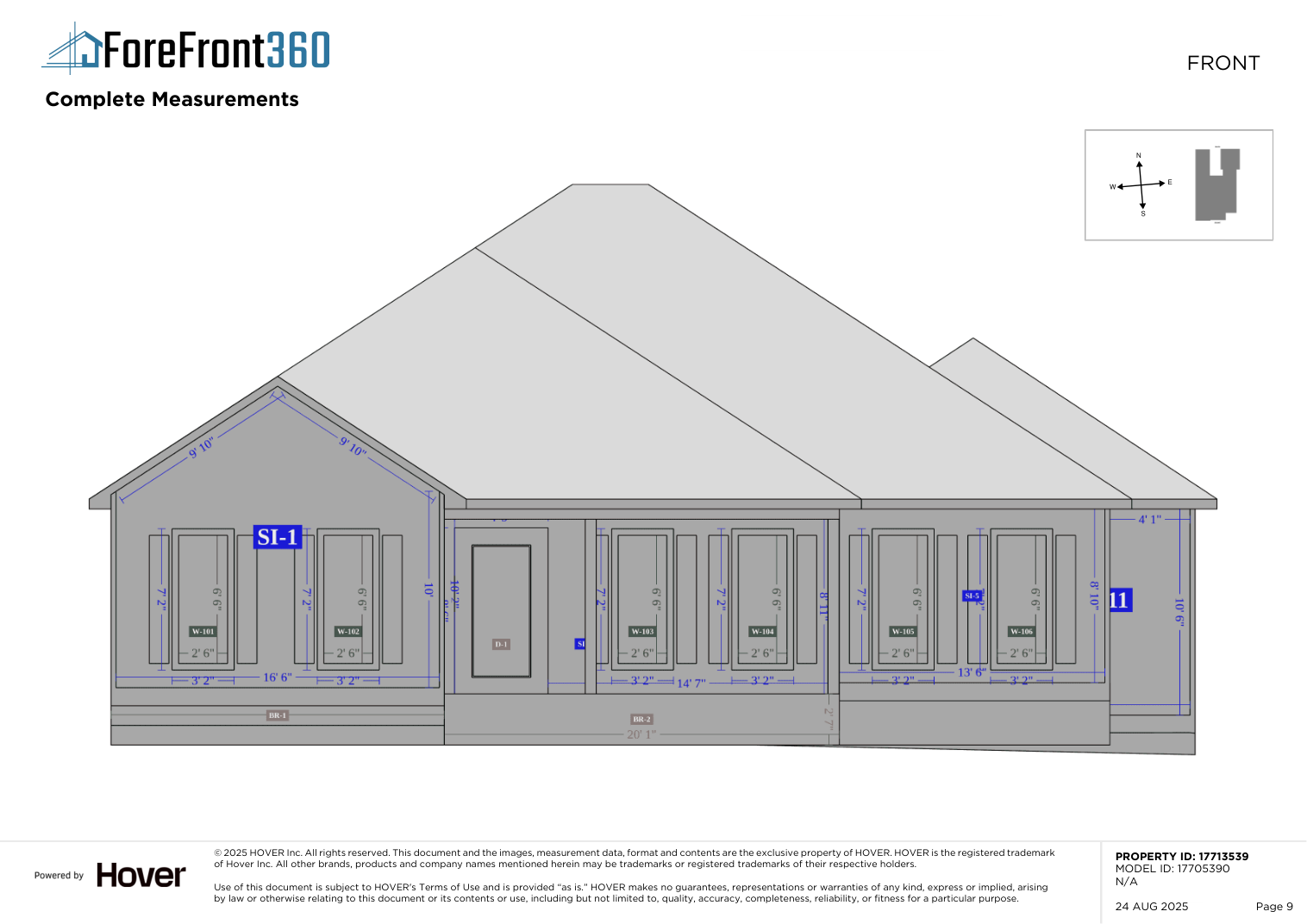 Front elevation from the sample report, showing wall, window and door dimensions