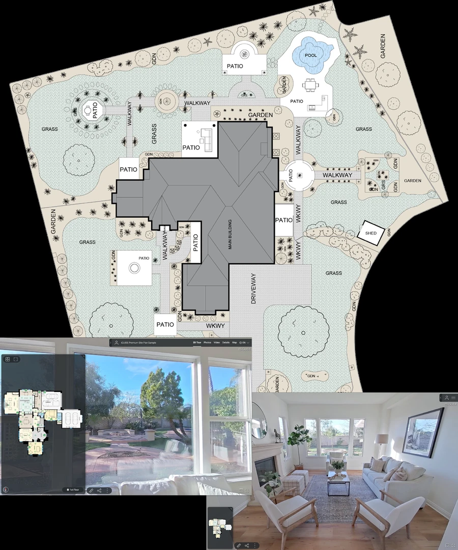 Residential site plan with outdoor spaces and linked tour views
