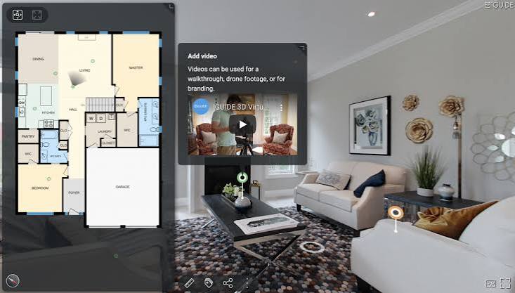 Virtual tour with interactive feature tags and an example embedded video